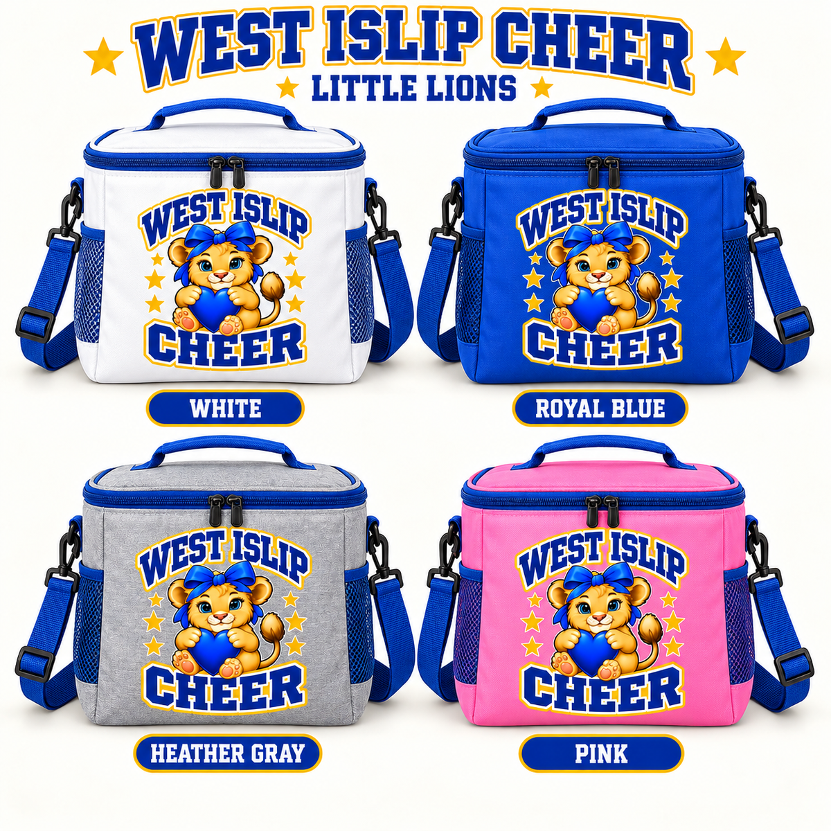 West Islip Cheer Little Lions Soft Cooler Bag in White, Royal Blue, Heather Gray and Pink