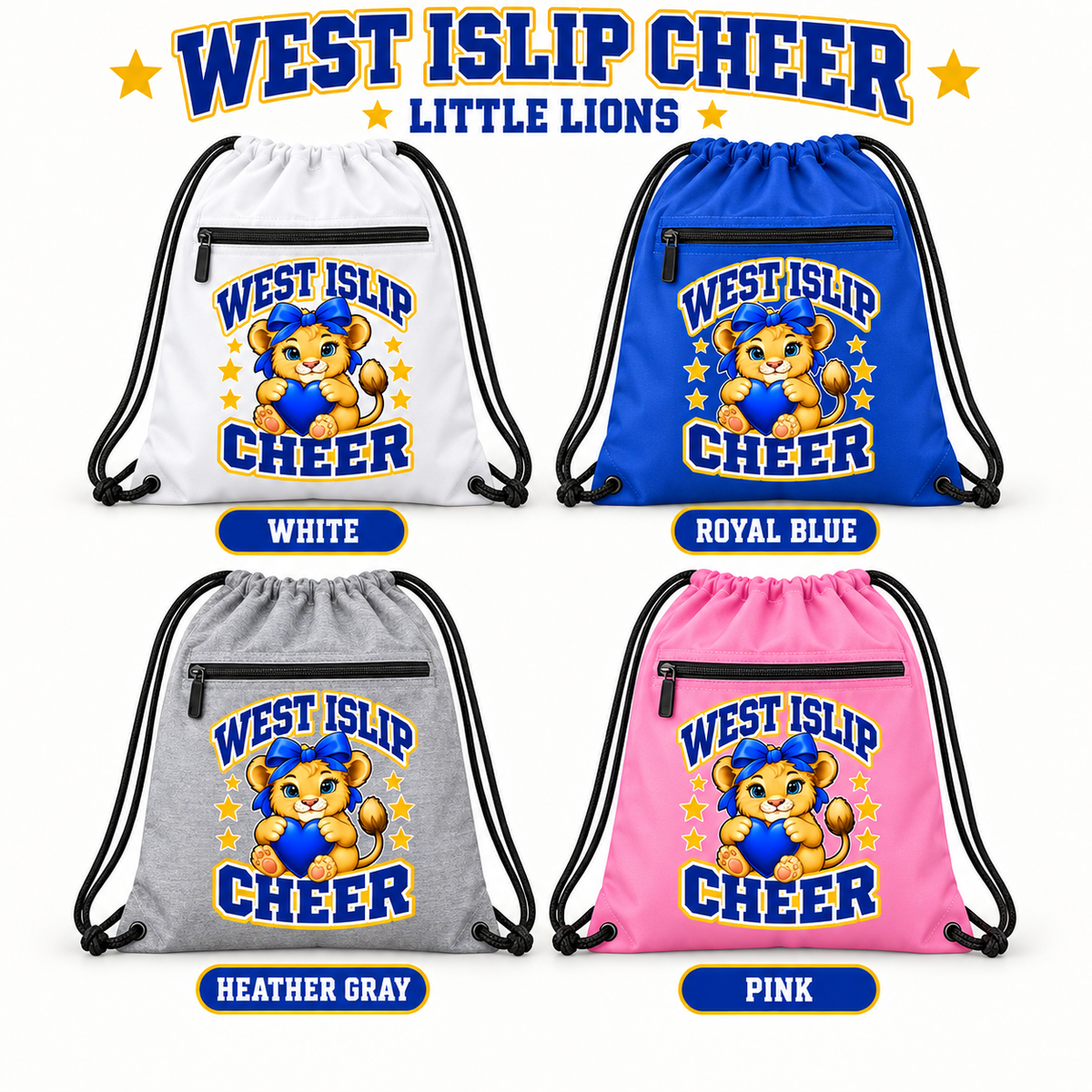 West Islip Cheer Little Lions Zip-Pocket Drawstring Backpack in White, Royal Blue, Heather Gray and Pink