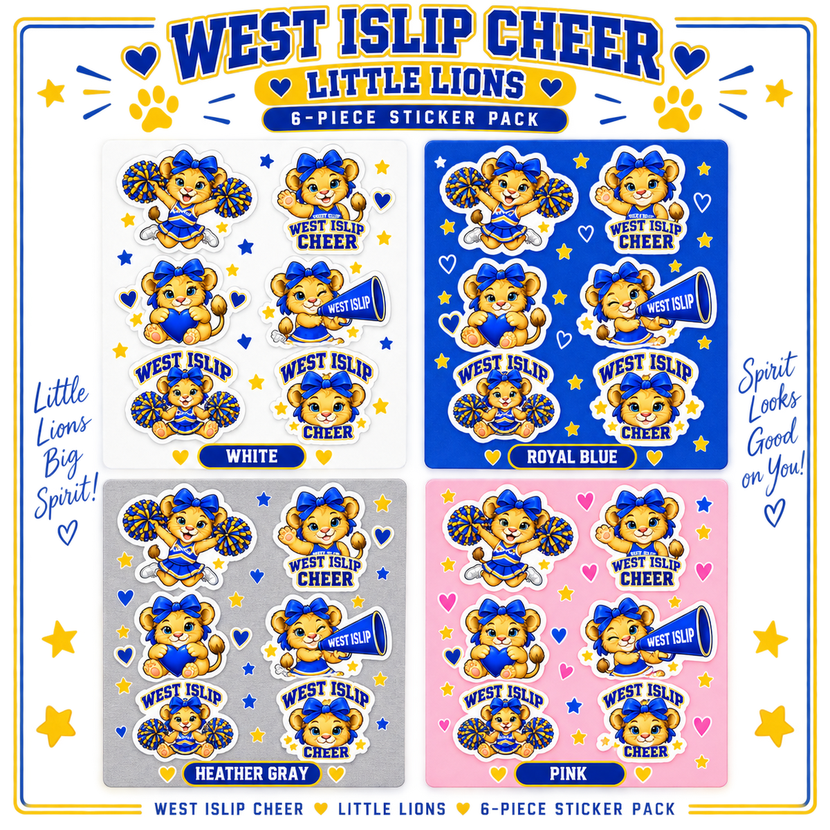 West Islip Cheer Little Lions Sticker Pack in White, Royal Blue, Heather Gray and Pink