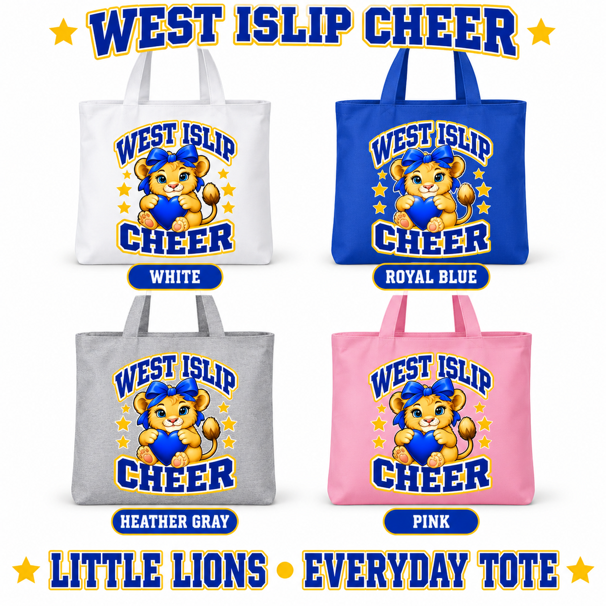 West Islip Cheer Little Lions Everyday Tote Bag in White, Royal Blue, Heather Gray and Pink