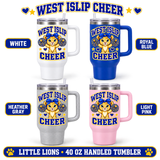 West Islip Cheer Little Lions 40 oz Handled Tumbler in White, Royal Blue, Heather Gray and Pink