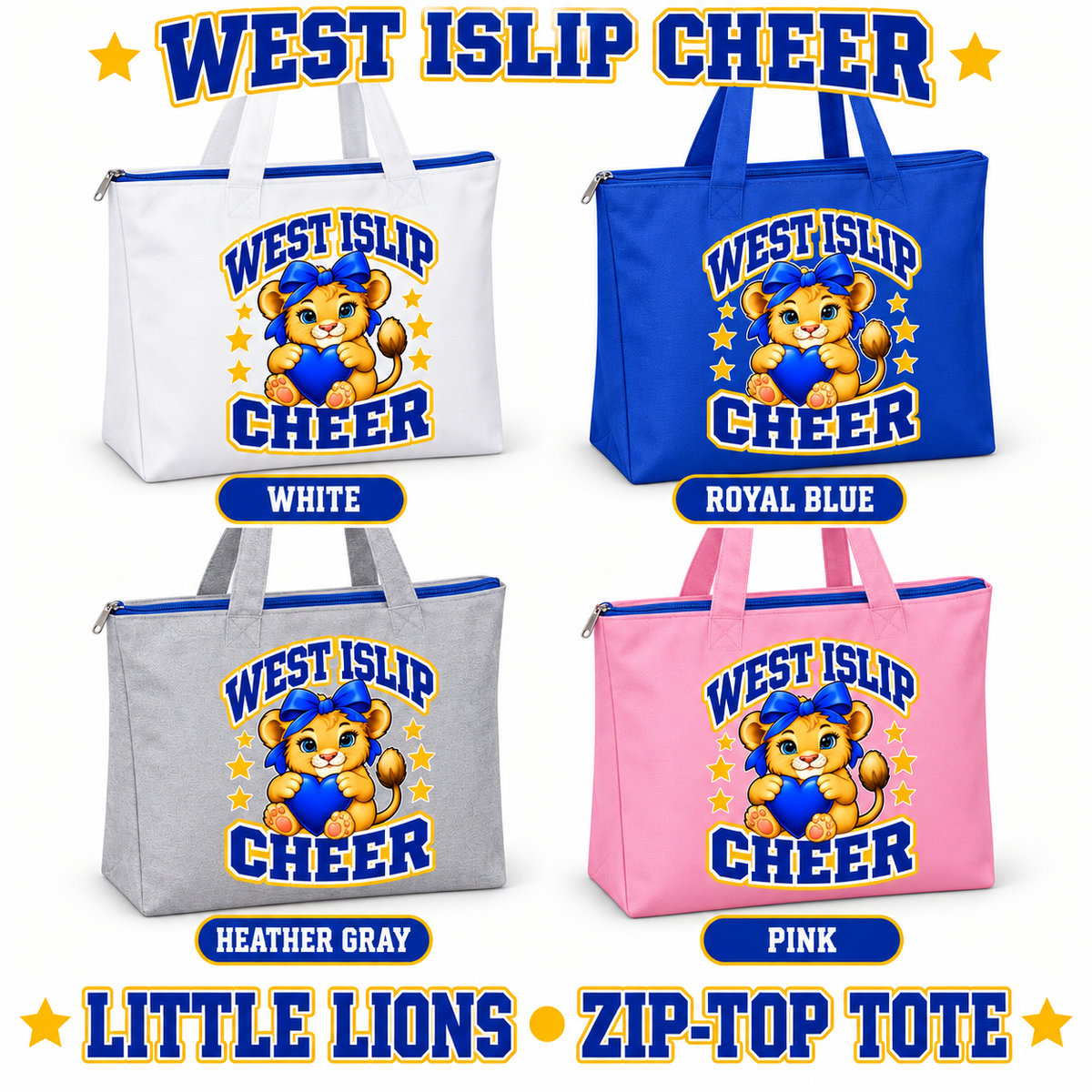 West Islip Cheer Little Lions Zip-Top Tote Bag in White, Royal Blue, Heather Gray and Pink