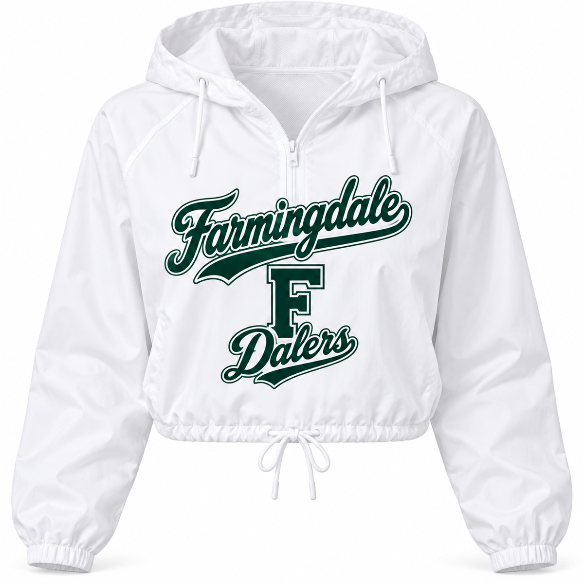 Farmingdale Dalers bright white crop windbreaker with forest green signature script and F