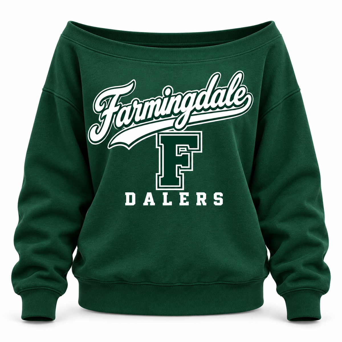 Green Farmingdale Dalers West Coast Script Women's Off-Shoulder Crew