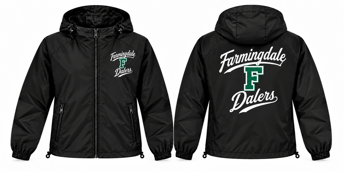 Farmingdale Dalers black full-zip windbreaker front and back