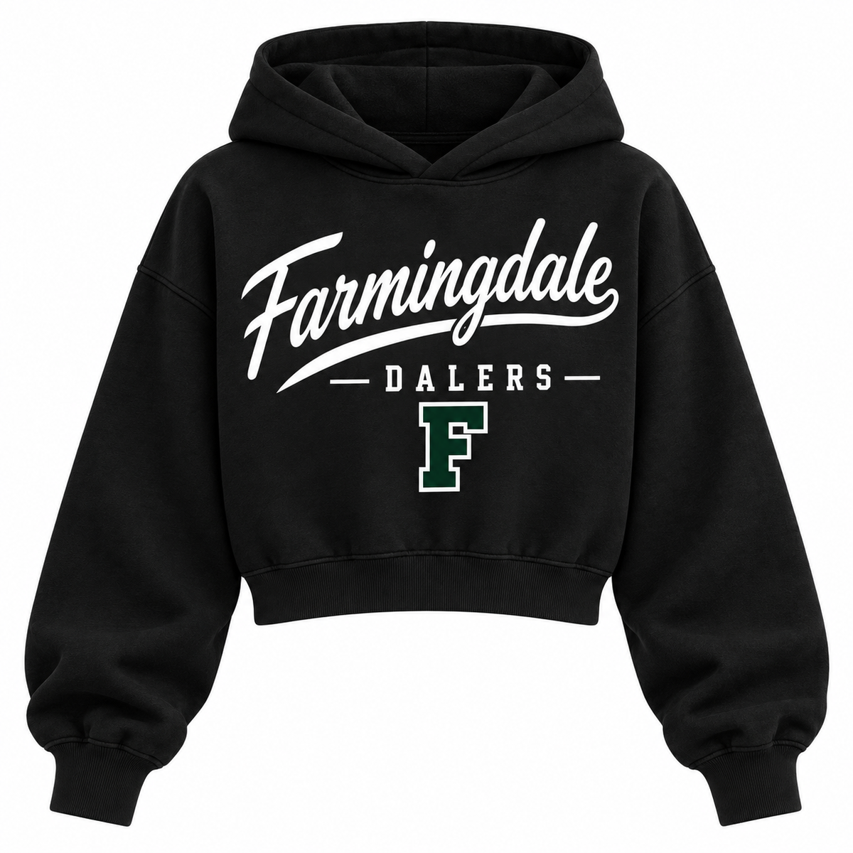 Farmingdale Dalers black cropped hoodie with heritage school script and varsity monogram on front