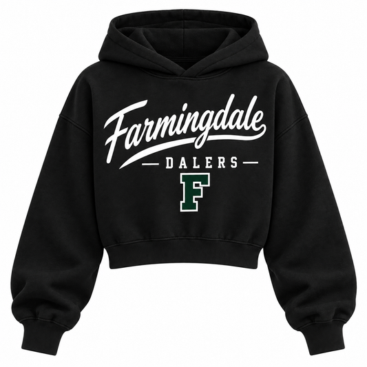 Farmingdale Dalers black cropped hoodie with heritage school script and varsity monogram on front