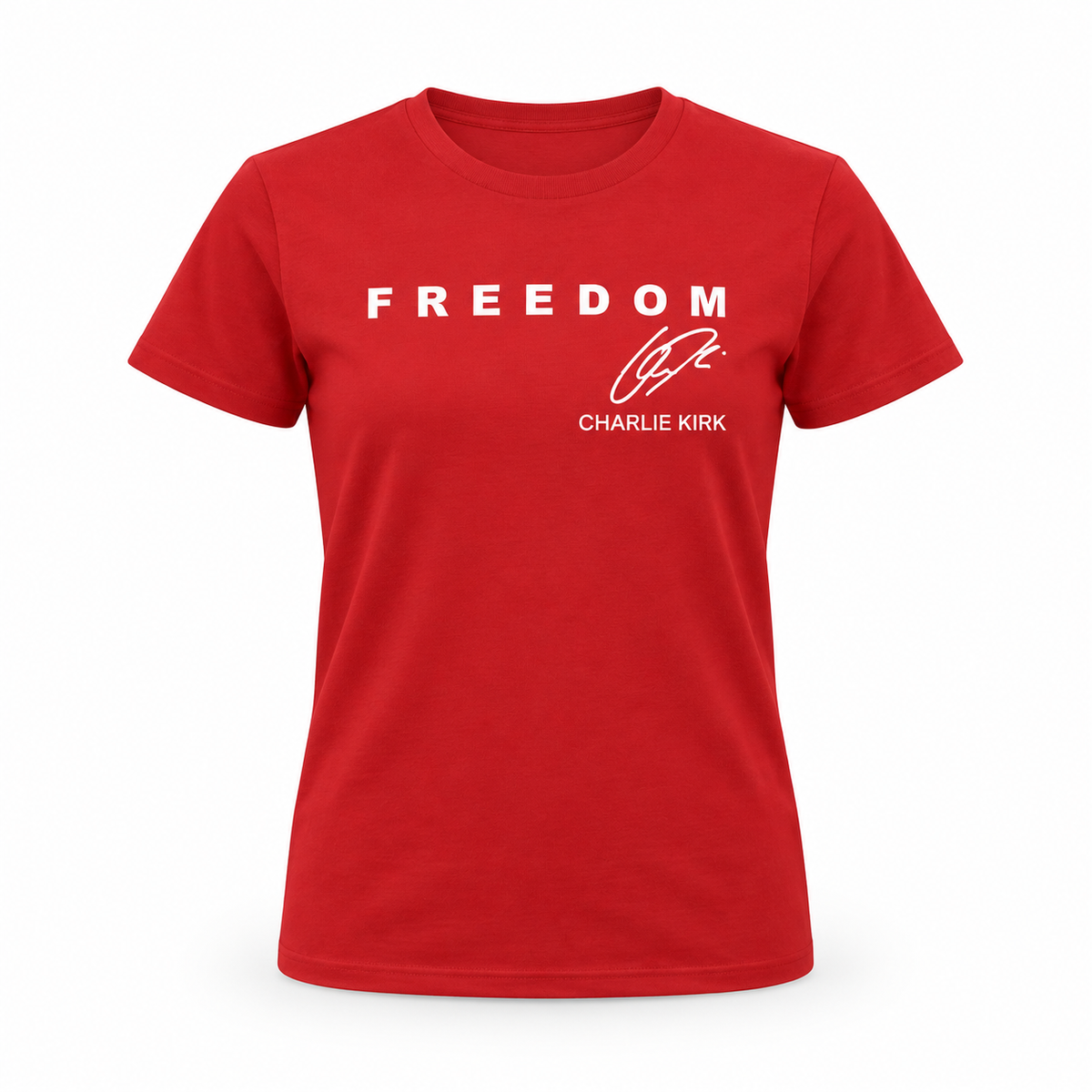 Freedom × Charlie Kirk Signature Tee – Red — studio product view