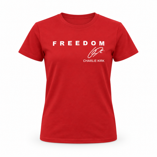 Freedom × Charlie Kirk Signature Tee – Red — studio product view