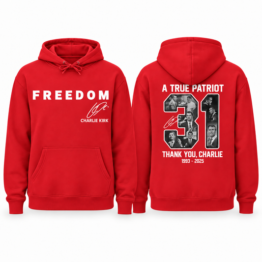 FREEDOM × Charlie Kirk Tribute Hoodie (Limited Edition) — studio product view