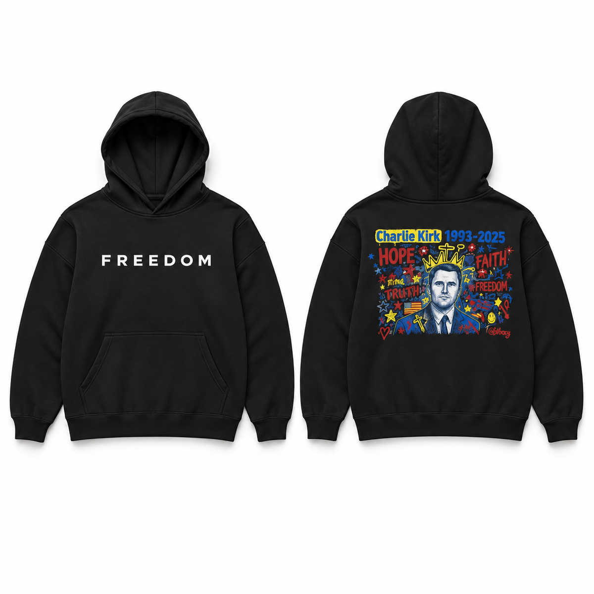 FREEDOM × Charlie Kirk Tribute Hoodie – Limited Edition (Front + Back Print) — studio product view