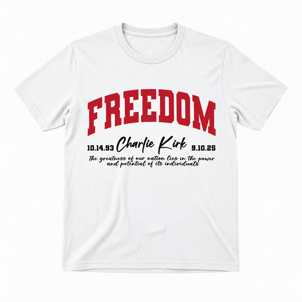 FREEDOM × Charlie Kirk Tribute Tee RED FREEDOM — studio product view
