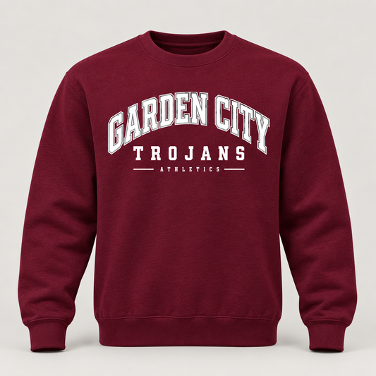 Garden City Trojans Varsity Athletics Crewneck in Maroon; design preview