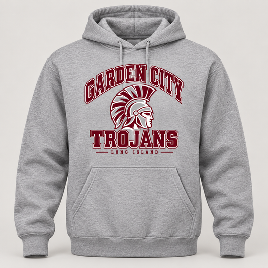 Garden City Trojans Collegiate Helmet Hoodie in Heather Gray; design preview