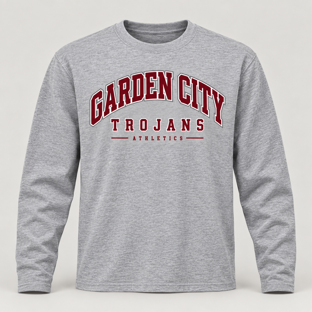 Garden City Trojans Varsity Athletics Long Sleeve in Heather Gray; design preview