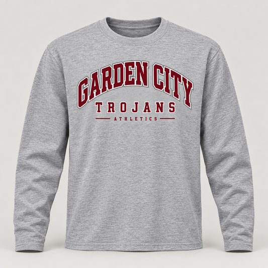 Garden City Trojans Varsity Athletics Long Sleeve in Heather Gray; design preview