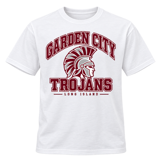 Garden City Trojans Collegiate Helmet T-Shirt in White; design preview