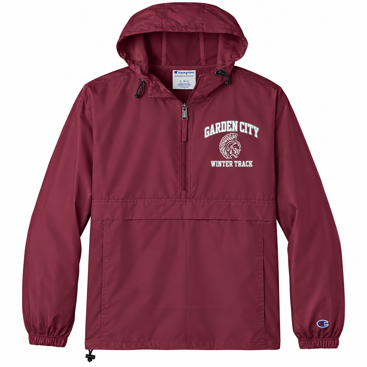 Garden City Winter Track Champion Packable Anorak in Maroon; digital mockup