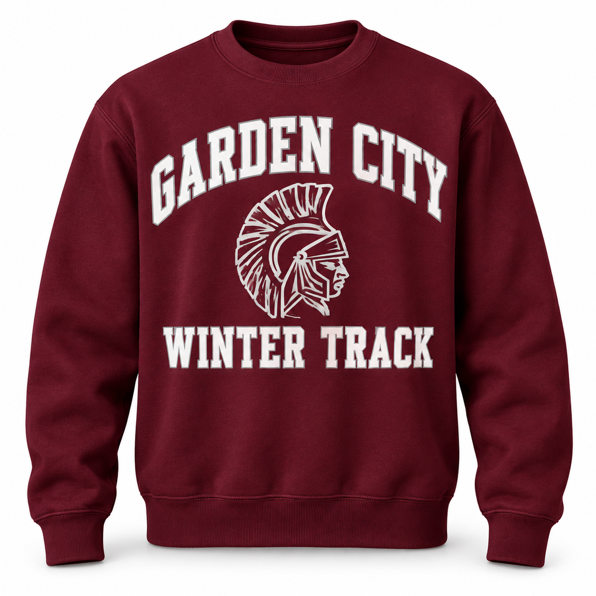 Garden City Winter Track Crewneck Sweatshirt in Maroon; digital mockup