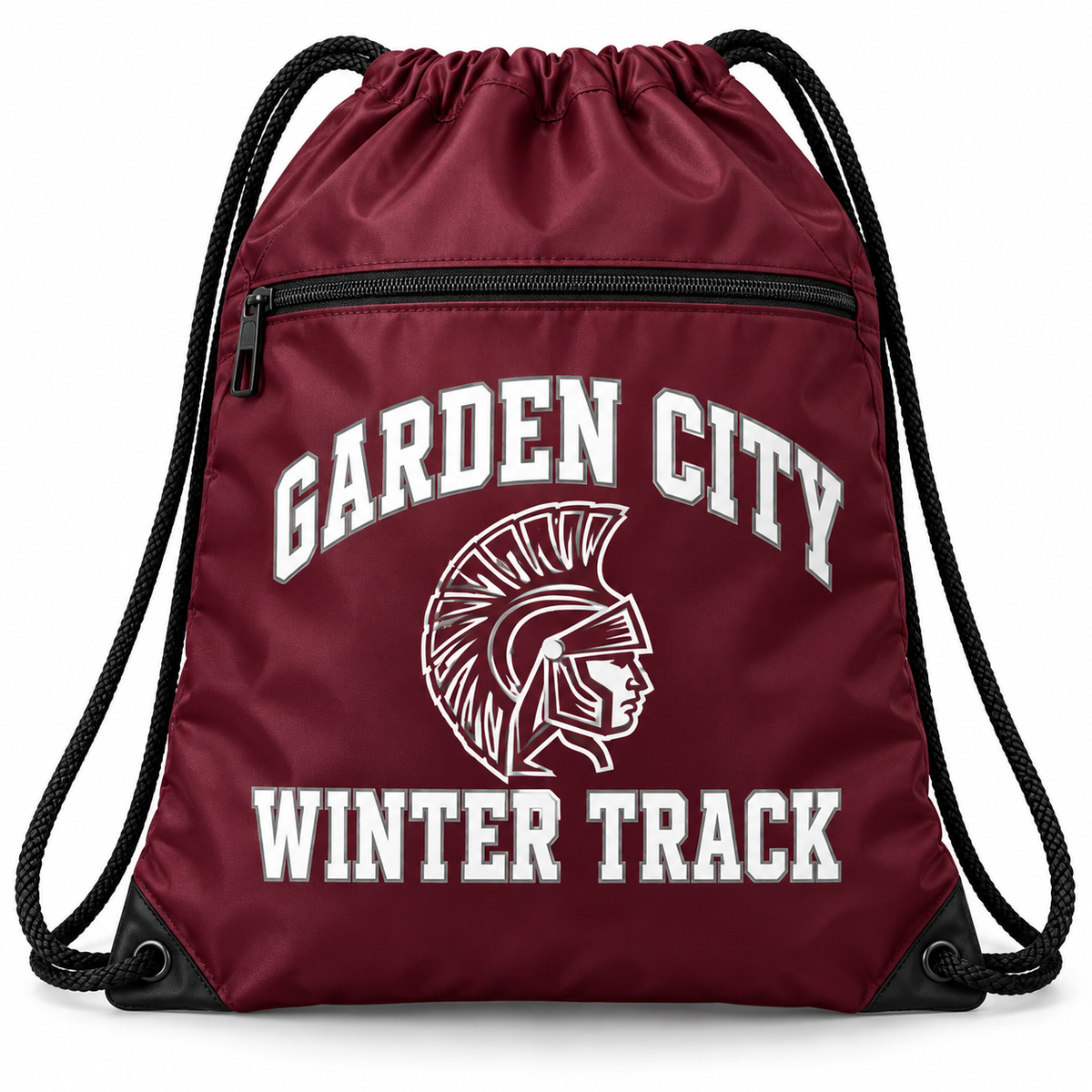 Garden City Winter Track Zip-Pocket Drawstring Bag in Maroon; digital mockup