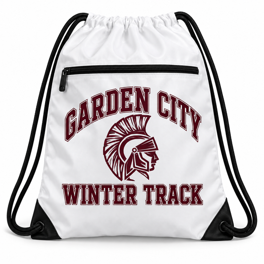 Garden City Winter Track Zip-Pocket Drawstring Bag in White; digital mockup