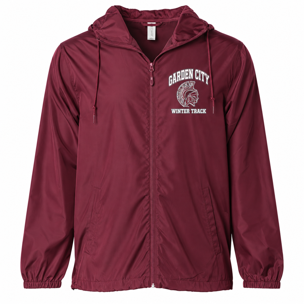 Garden City Winter Track Full-Zip Windbreaker in Maroon; digital mockup
