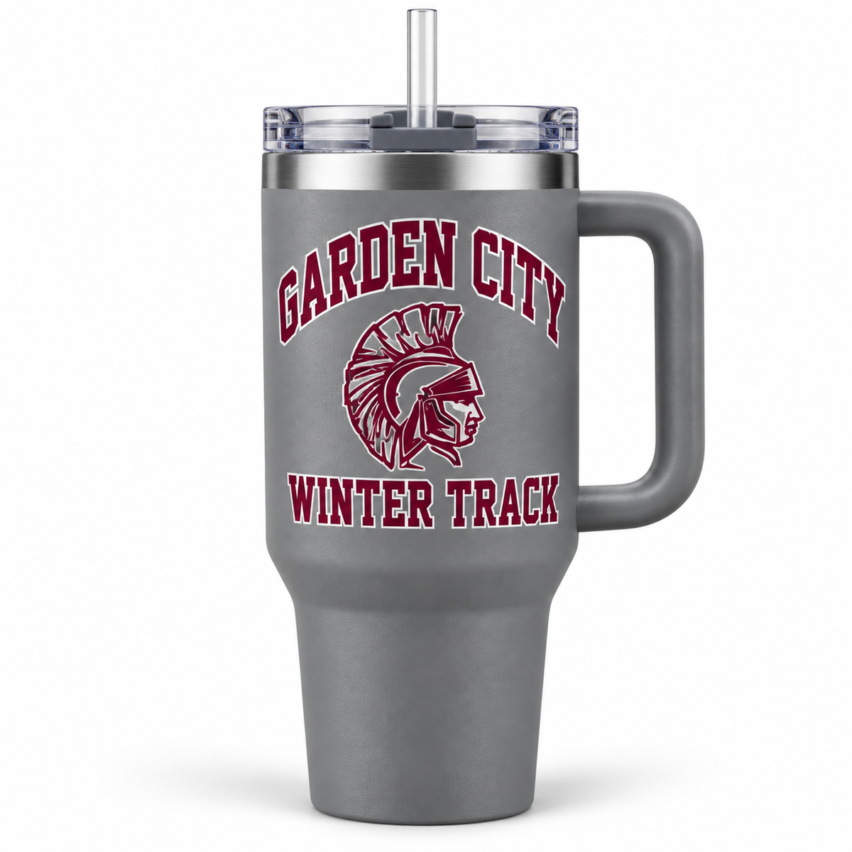 Garden City Winter Track 40 oz Handled Tumbler in Gray; digital mockup