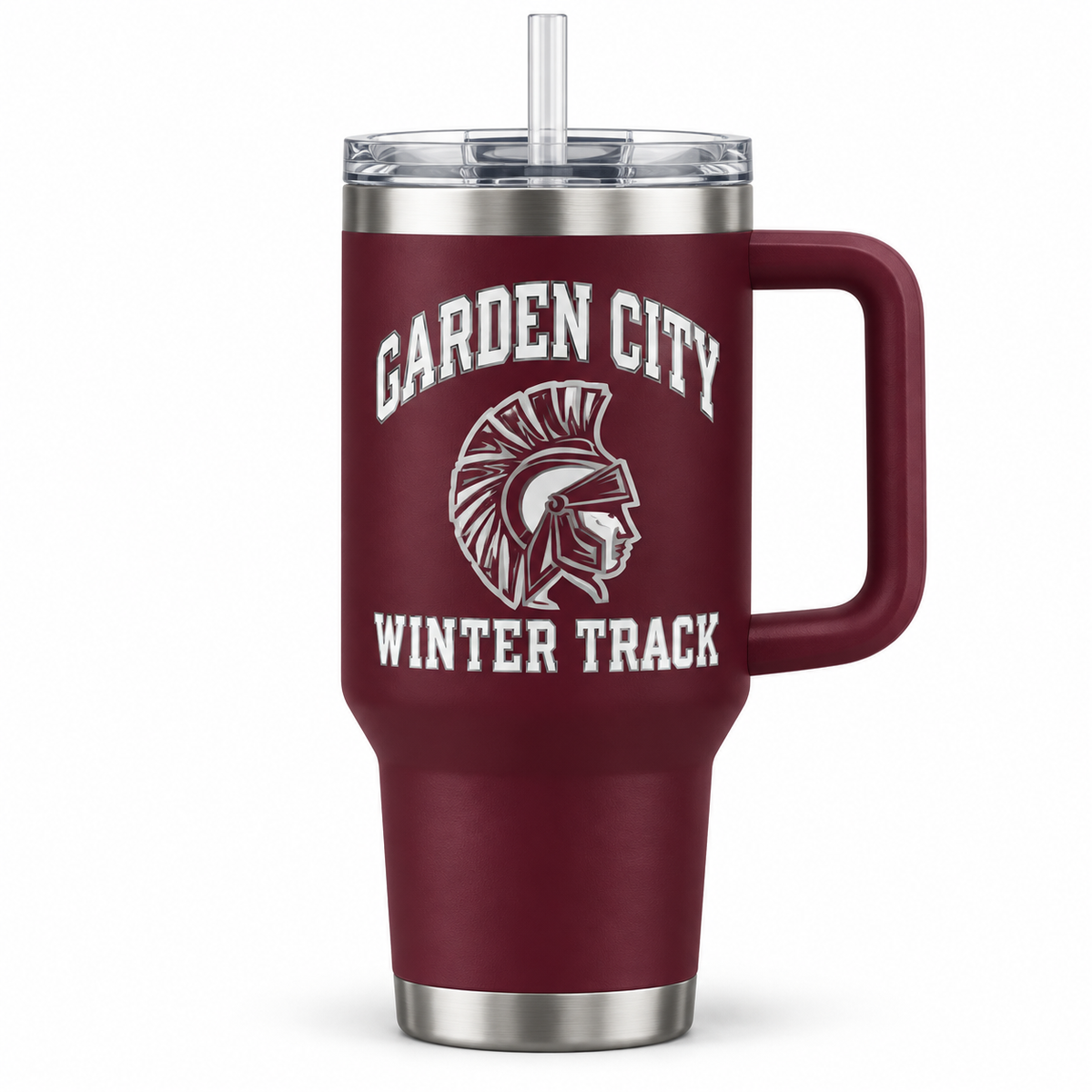 Garden City Winter Track 40 oz Handled Tumbler in Maroon; digital mockup