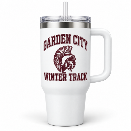 Garden City Winter Track 40 oz Handled Tumbler in White; digital mockup
