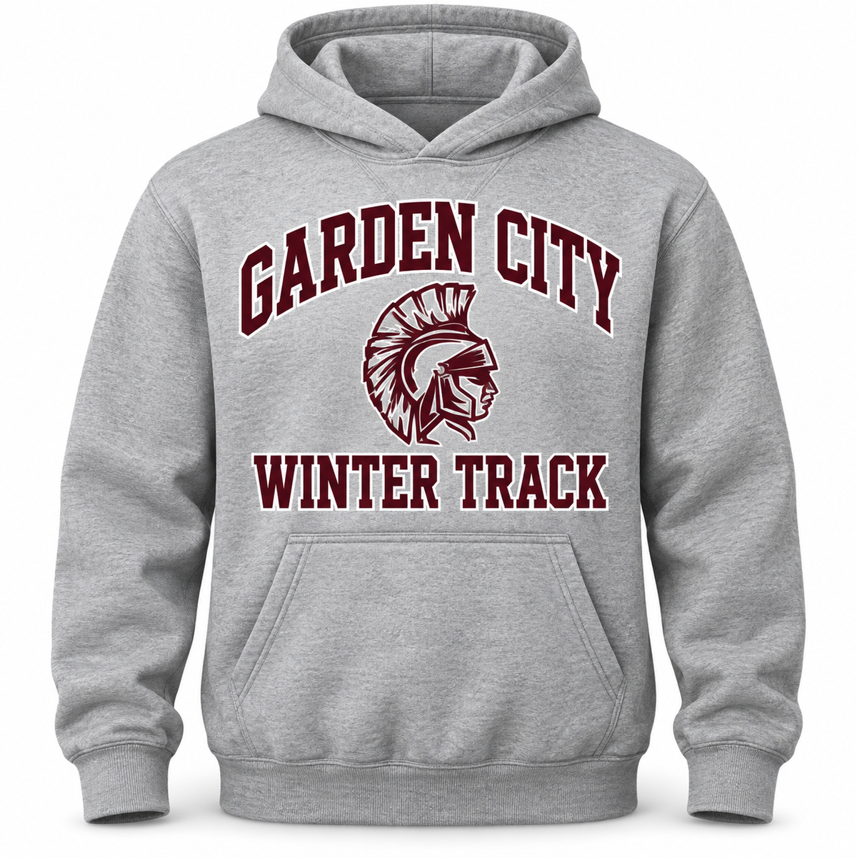 Garden City Winter Track Team Hoodie in Heather Gray; digital mockup
