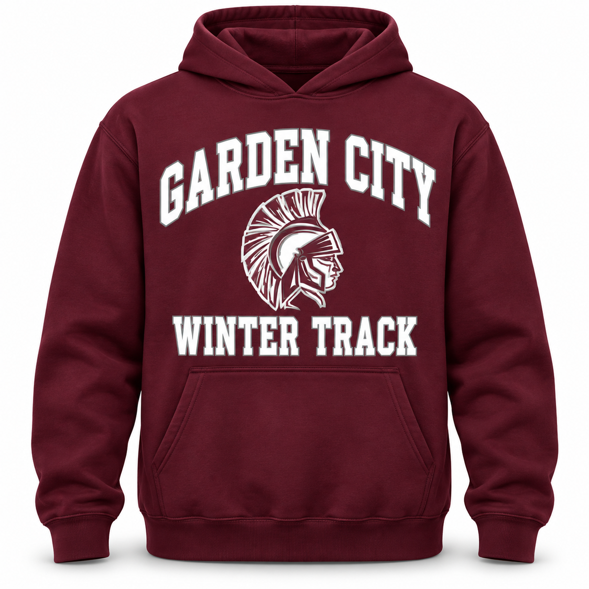 Garden City Winter Track Team Hoodie in Maroon; digital mockup