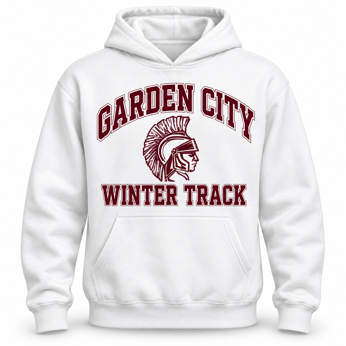 Garden City Winter Track Team Hoodie in White; digital mockup