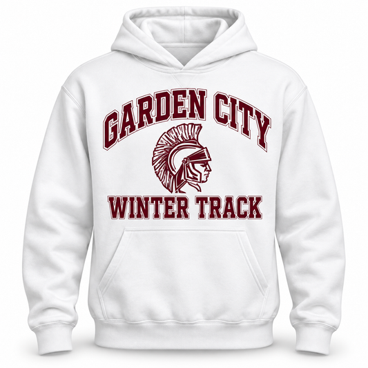 Garden City Winter Track Team Hoodie in White; digital mockup