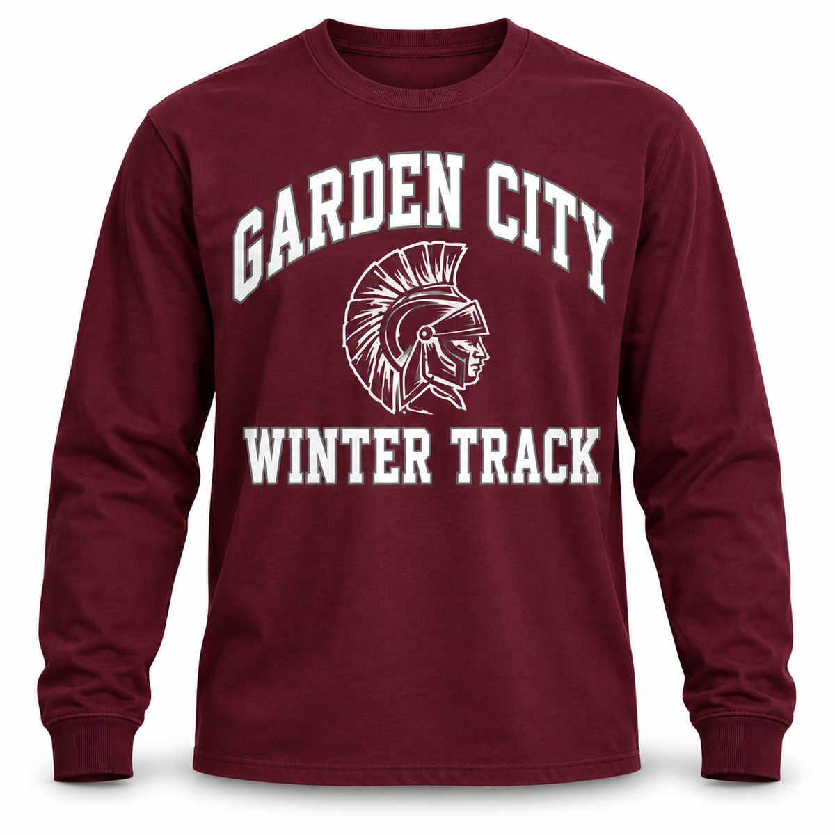 Garden City Winter Track Long-Sleeve Tee in Maroon; digital mockup