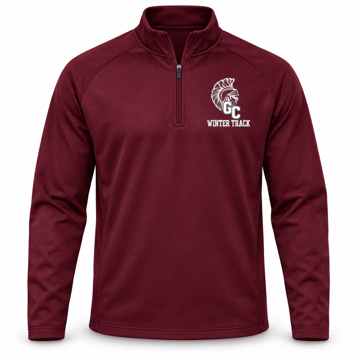 Garden City Winter Track Quarter-Zip Warmup in Maroon; digital mockup