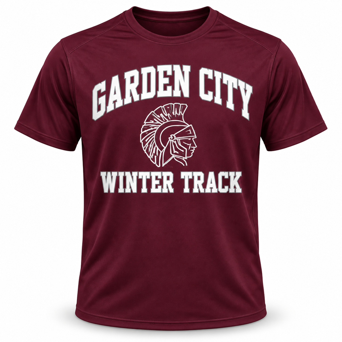 Garden City Winter Track Performance Tee in Maroon; digital mockup