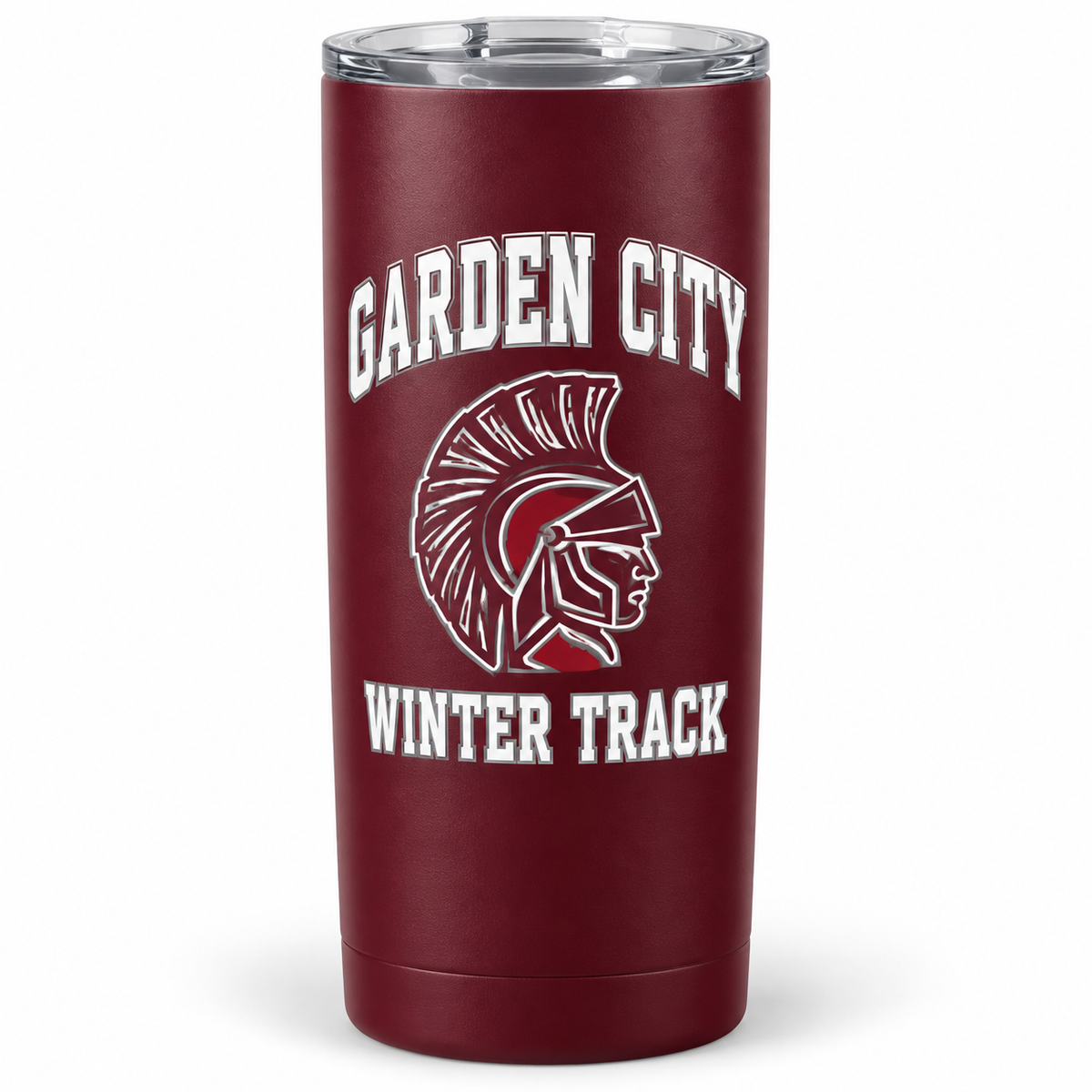 Garden City Winter Track 20 oz Tumbler in Maroon; digital mockup
