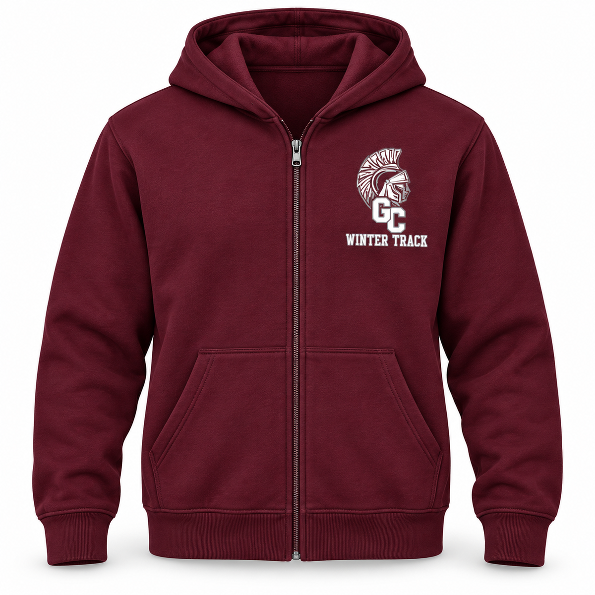 Garden City Winter Track Full-Zip Hoodie in Maroon; digital mockup