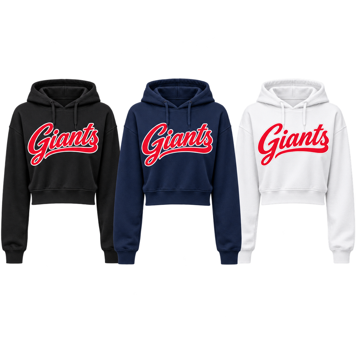 New York Giants Women's Script Cropped Hoodie in Black, Navy, White