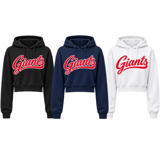 New York Giants Women's Script Cropped Hoodie in Black, Navy, White