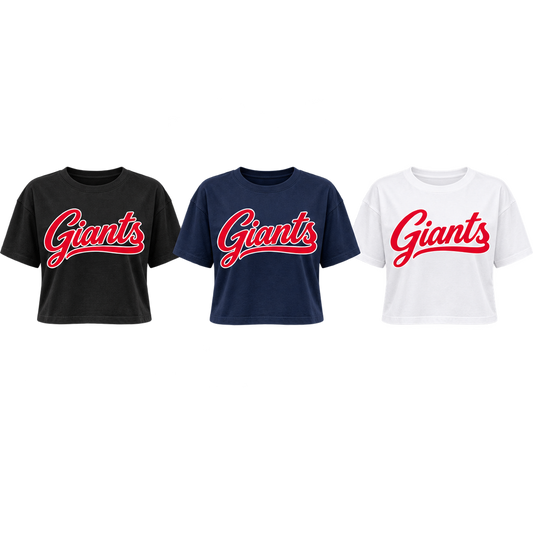 New York Giants Women's Script Cropped T-Shirt in Black, Navy, White