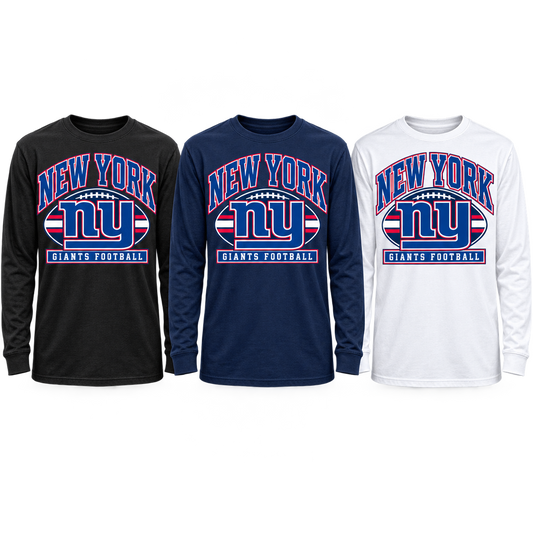New York Giants Youth Heritage Crest Long Sleeve T-Shirt in black, navy and white
