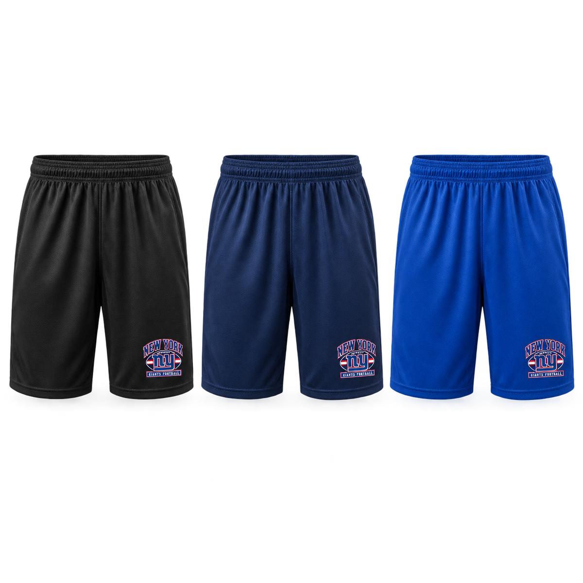 New York Giants Youth Heritage Crest Polyester Athletic Shorts in Black, Navy, Royal Blue
