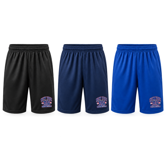 New York Giants Youth Heritage Crest Polyester Athletic Shorts in Black, Navy, Royal Blue