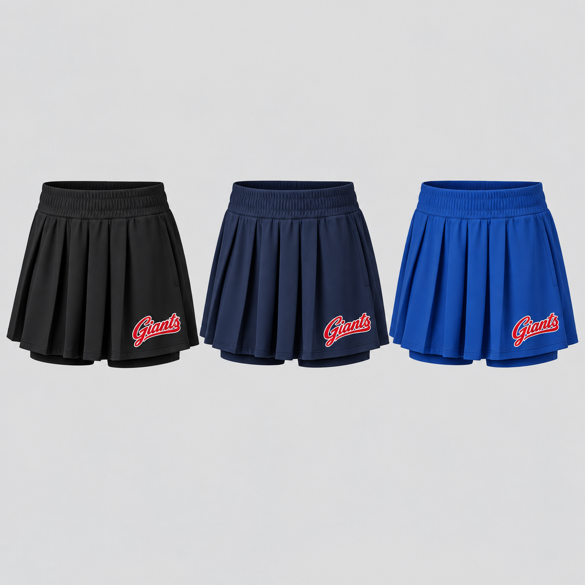 New York Giants Women's Script Athletic Skort in Black, Navy, Royal Blue