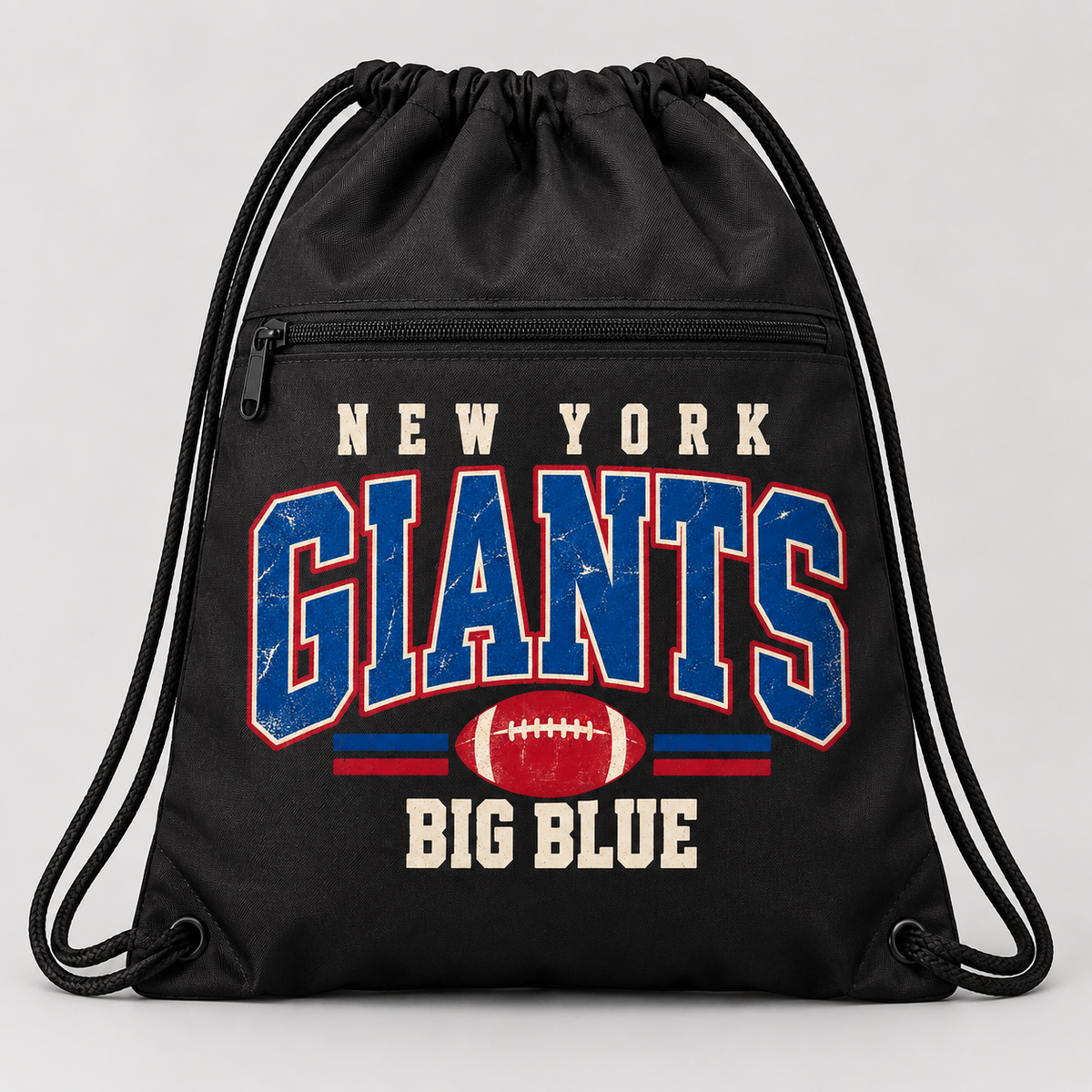 New York Giants Vintage Gridiron Zip-Pocket Drawstring Bag in Black, front view