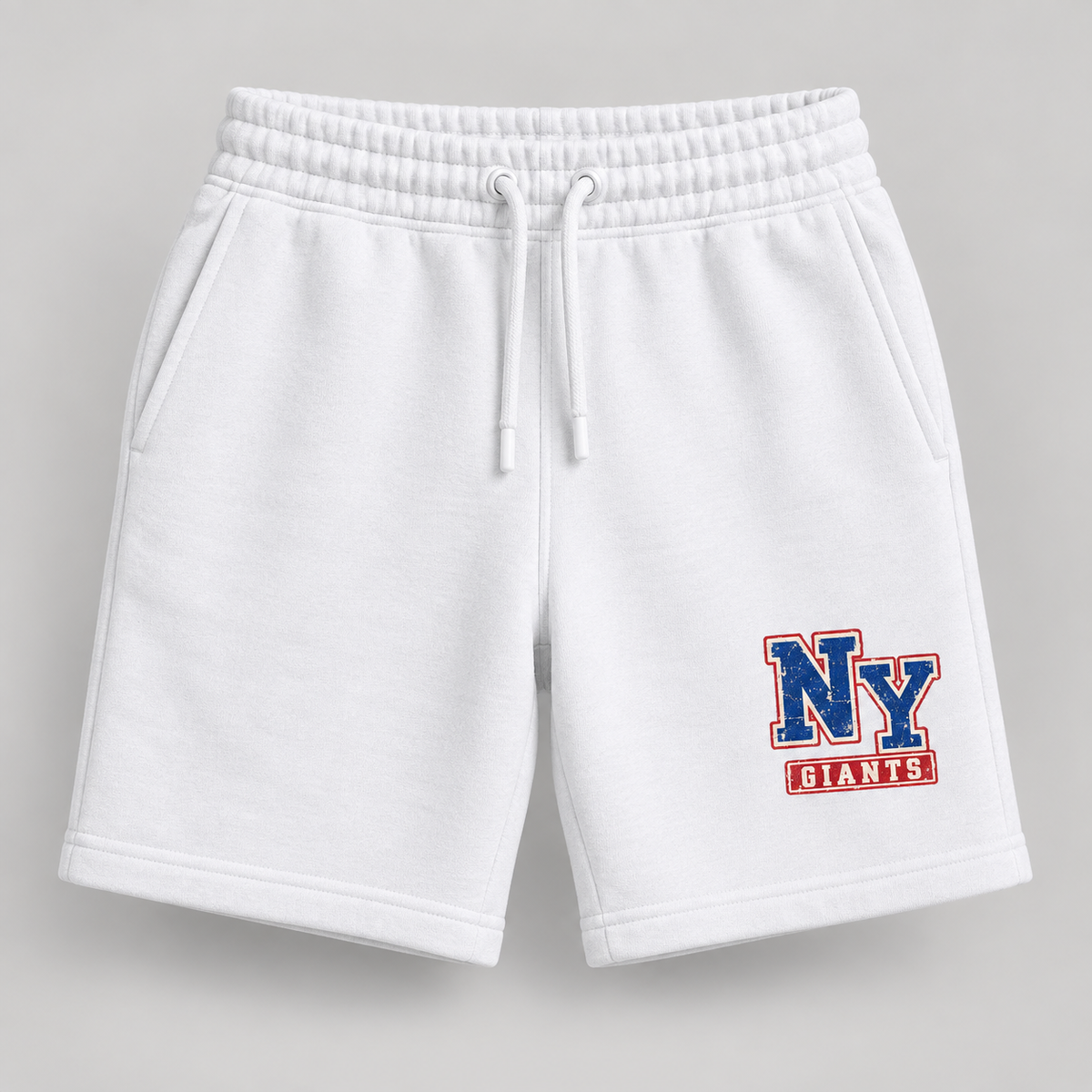 New York Giants Vintage Gridiron NY Monogram Fleece Shorts in White, front view
