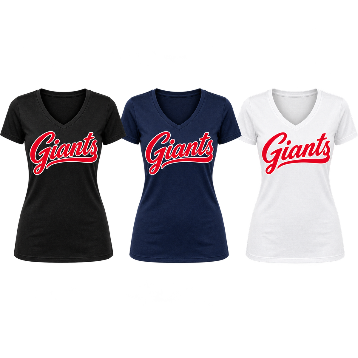 New York Giants Women's Script V-Neck T-Shirt in Black, Navy, White