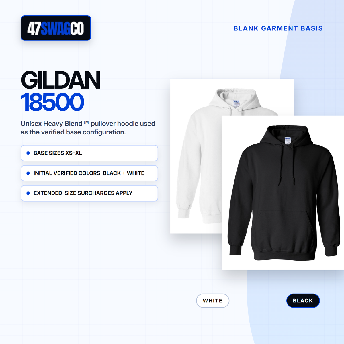 Gildan 18500 Heavy Blend pullover hoodie details, Black and White, XS through XL base sizes