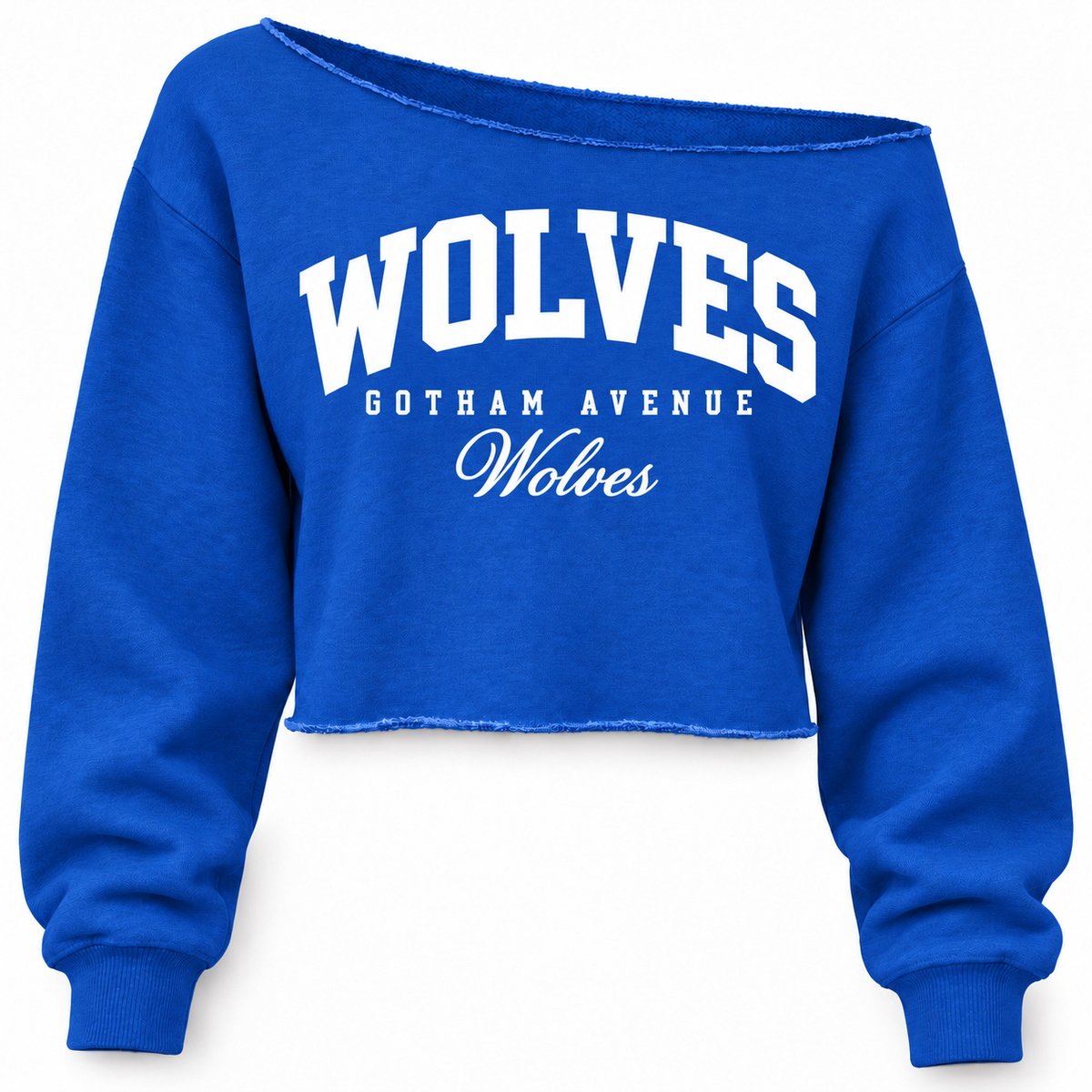 Gotham Avenue Wolves Women's Off-Shoulder Crop Sweatshirt — Royal Blue